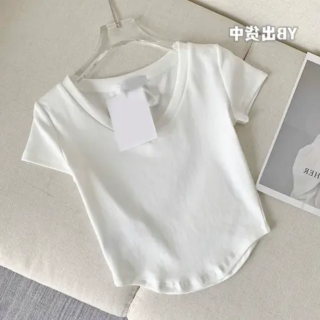 正肩短袖t恤女2023年新款夏季半袖V领上衣短款修身薄款体恤ins潮商品大图