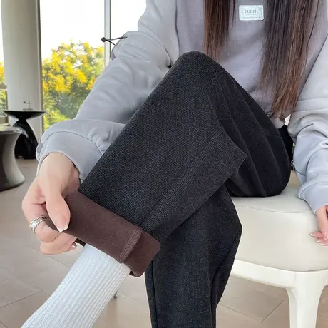 挽边黑色毛呢西装裤女冬季加绒加厚高腰显瘦直筒休闲小个子烟管裤图片