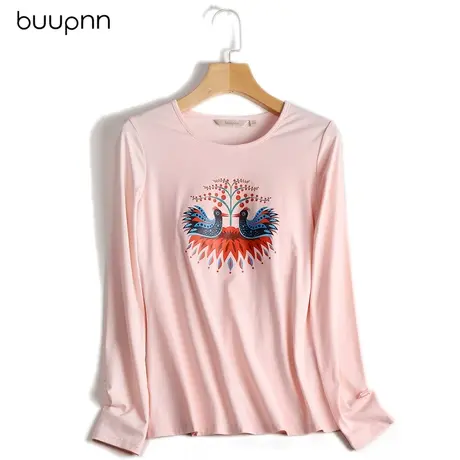 体桖女夏质感T恤女长袖秋新款修身带胸垫印花打底衫棉质上衣图片