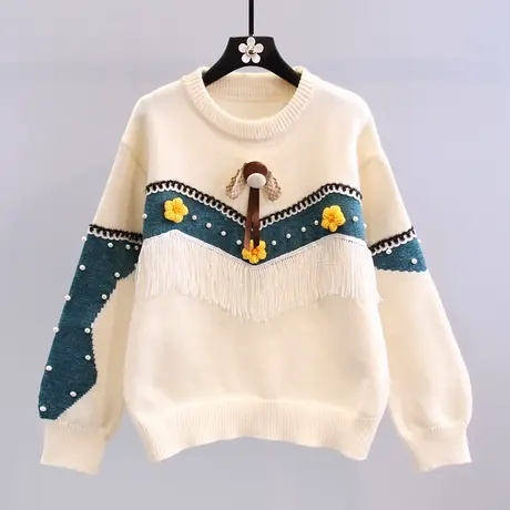 小清新撞色毛衣女秋冬外穿2023年新款韩版宽松百搭洋气流苏针织衫商品大图