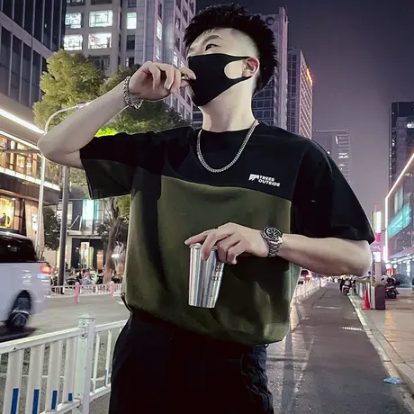 夏季拼接T恤男潮牌宽松个性半袖体恤2023新款夏装潮流休闲短袖帅t图片