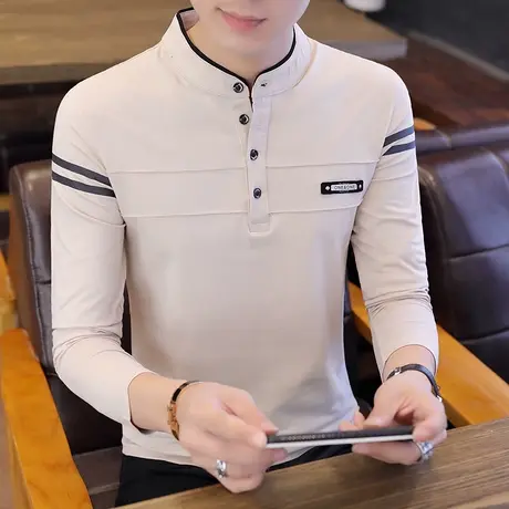 春季Polo衫男士长袖纯棉T恤韩版修身潮流立领打底衫内搭秋衣体恤商品大图