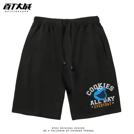 2023新款潮流美式休闲短裤男夏季薄款纯棉宽松外穿芝麻街黑色裤子商品大图