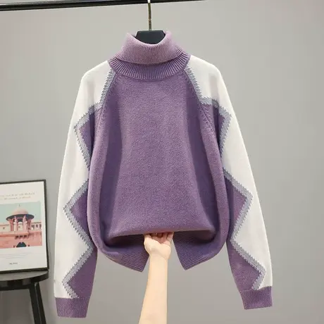 2023春秋新款韩版宽松高领格子针织衫毛衣女士百搭打底衫上衣百搭商品大图