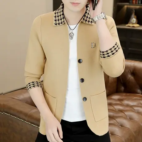 千鸟格针织开衫男士春秋季翻领休闲毛衫外套时尚潮流外穿毛衣男装商品大图