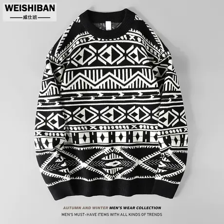 美式休闲加厚保暖针织衫男士港风ins复古提花情侣打底圆领毛线衣商品大图