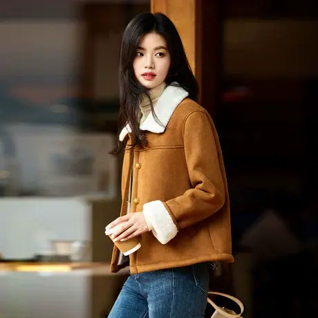 时尚气质加厚外套2023冬季新款翻领短款百搭韩版温柔休闲皮草上衣商品大图