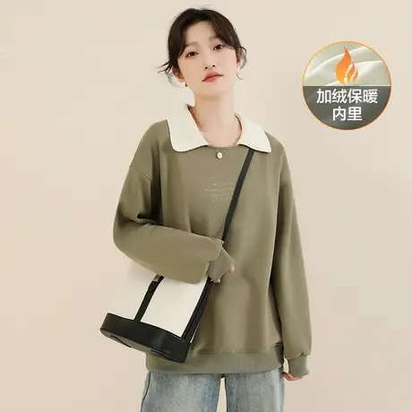 韩潮袭人娃娃领刺绣套头T恤上衣女2023新款宽松复古加绒卫衣女厚图片