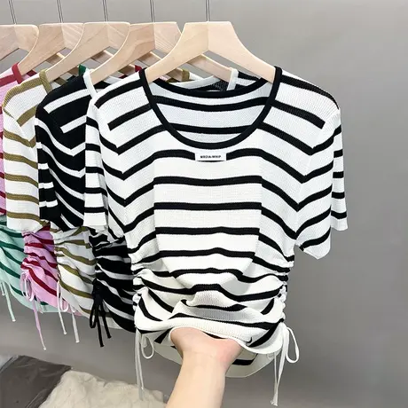 圆领条纹冰丝针织衫女2023春夏秋新款系带薄款上衣抽褶短袖t恤衫商品大图
