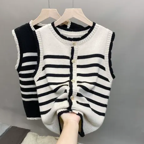 2023秋季韩版新款宽松圆领条纹学院风百搭针织马甲开衫毛衣背心女商品大图