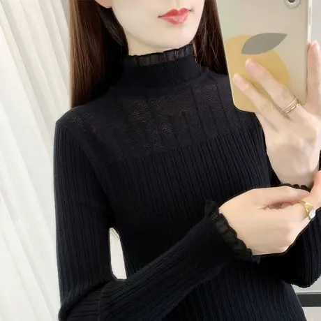 黑色打底衫女新款蕾丝针织衫长袖内搭上衣修身百搭秋冬半高领毛衣商品大图