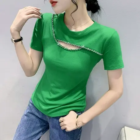 女装2024新款潮时尚钉珠镂空T恤衫夏季修身百搭设计感小众上衣ins商品大图