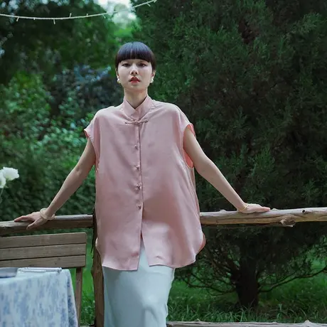 新中式醋酸衬衫女装2023年粉色衬衣立领原创设计宽松无袖上衣气质图片