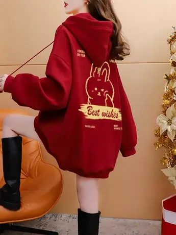 属兔本命年兔年新年衣服2023秋冬新款加绒加厚兔子红色连帽卫衣女商品大图