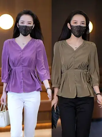 高级感七分袖衬衫女春夏时尚宽松收腰遮肉显瘦上衣气质减龄小衫潮图片