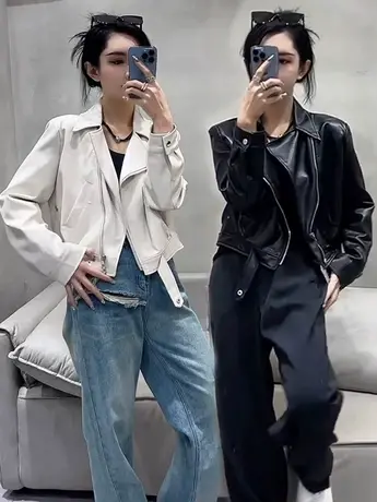 欧洲站2023春季新品短款拉链皮衣短外套女洋气街头机车服夹克上衣商品大图