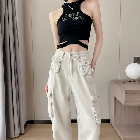 白色甜酷工装牛仔裤女夏季薄款高腰显瘦宽松美式嘻哈辣妹阔腿裤潮商品大图