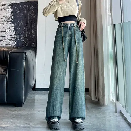 高腰阔腿牛仔裤女春秋2023年新款显瘦美式复古系带秋季宽松直筒裤商品大图