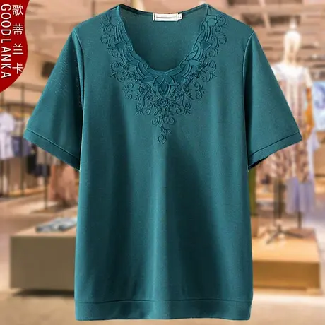 40-50岁中年妈妈夏装短袖上衣大码宽松洋气刺绣蕾丝花边冰丝T恤女商品大图