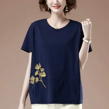 短袖t恤女夏季加肥加大码女装宽松中年妈妈休闲纯棉刺绣显瘦体恤商品大图