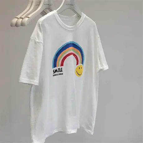 宝藏款自留~春季新款宽松慵懒风笑脸彩虹印花圆领短袖T恤女商品大图