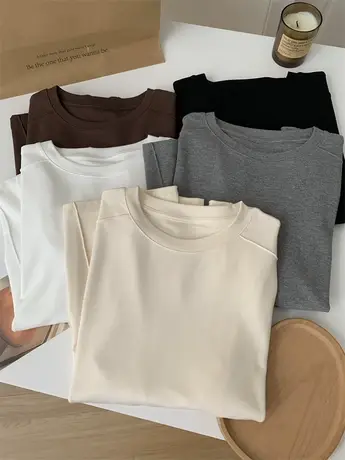 设计感拼接圆领长袖打底衫女秋冬内搭宽松弹力百搭纯色套头T恤衫商品大图