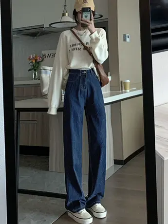 薄款小个子深蓝色阔腿牛仔裤显瘦女2023年新款春秋季修身高腰直筒图片