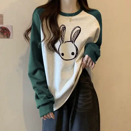 秋冬装加绒加厚长袖T恤女宽松显瘦外穿打底衫撞色拼接插肩袖上衣商品大图