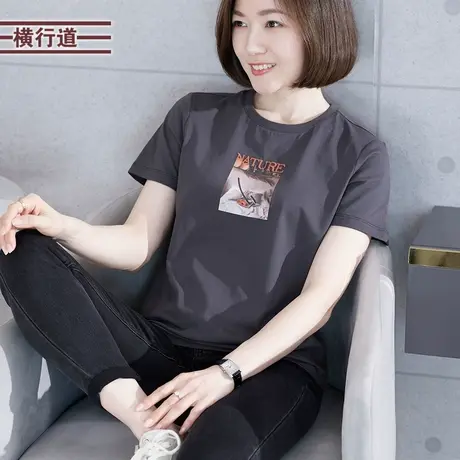 圆领上衣夏季印花中年妈妈灰色短袖t恤女胖MM半袖白色体恤夏装商品大图