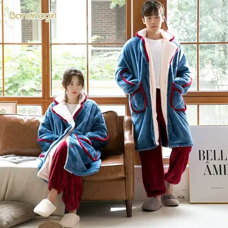 Bananagirl睡衣女秋冬珊瑚绒睡衣情侣套装加厚加长款男士家居服商品大图