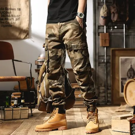迷彩工装裤男美式复古水洗纯棉潮牌休闲宽松直筒束脚户外运动长裤商品大图