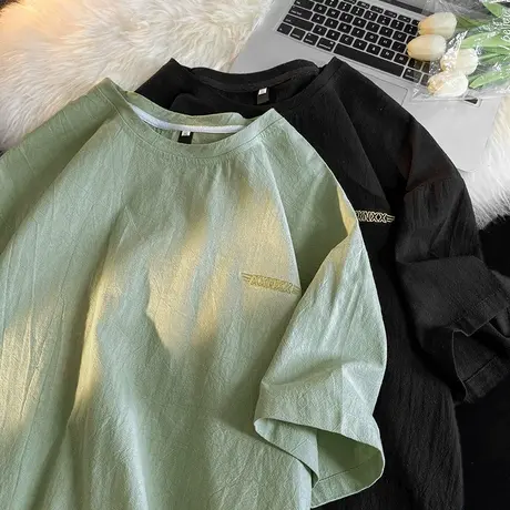 亚麻短袖t恤男士夏季内搭2023新款纯棉宽松体恤半袖春装冰丝衣服商品大图