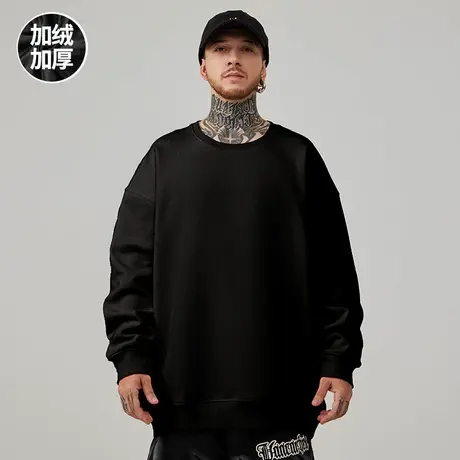 2024春秋款大码卫衣圆领男潮加肥加大纯色打底衫宽松加绒加厚无帽商品大图