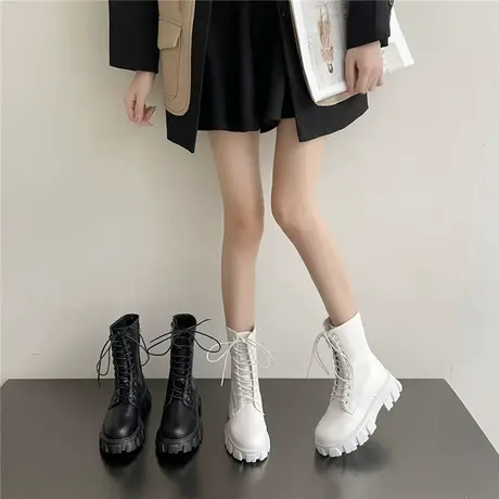 马丁靴女增高厚底2023秋冬新款中筒靴英伦风白色侧拉链机车短靴子图片