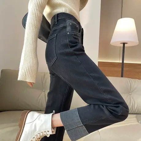 黑色高腰卷边直筒牛仔裤女春秋季八九分小个子高腰显瘦拼接烟管裤商品大图
