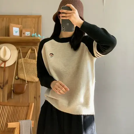 dza 复古短款拼接加厚圆领毛衣女秋冬内搭针织上衣宽松休闲打底衫商品大图