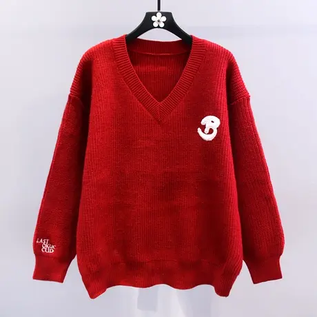 慵懒风中长款红色毛衣女冬季2023新款宽松外穿设计感字母针织上衣商品大图