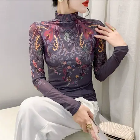 半高领打底衫长袖春秋2024新款网纱印花洋气修身内塔上衣女T恤ins图片