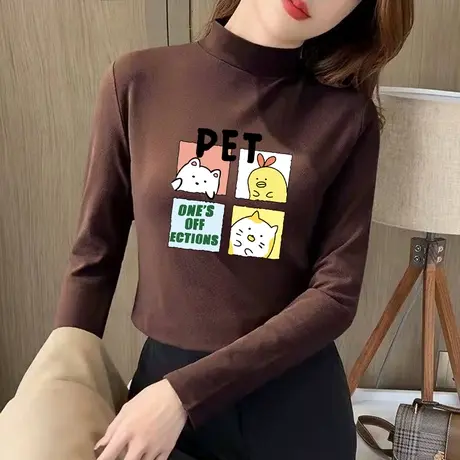 半高领德绒长袖t恤女内搭打底衫修身时尚百搭显瘦秋冬上衣加厚款商品大图