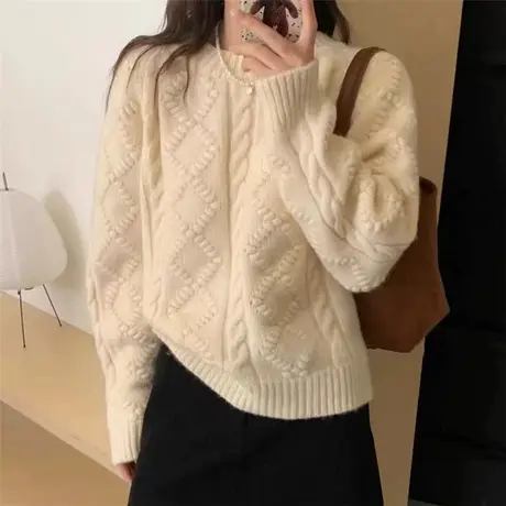 麻花毛衣女秋冬季设计感小众长袖上衣宽松套头软糯短款百搭针织衫商品大图