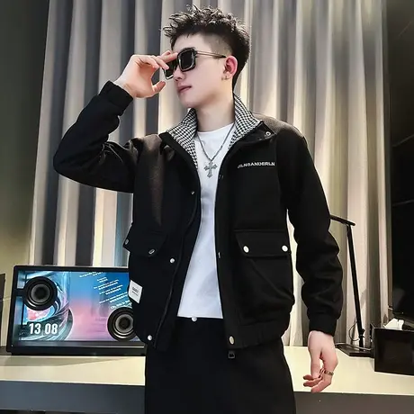 春秋季刺绣夹克男休闲痞帅男装上衣2023新款褂子春装机车潮流外套商品大图