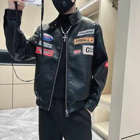 潮牌字母贴标皮衣夹克男秋季新款痞帅发型师欧洲站机车夹克上衣商品大图