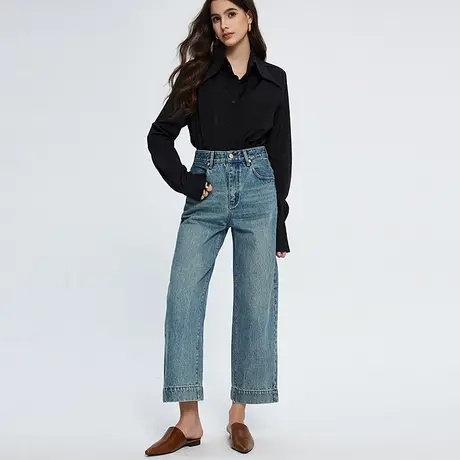 美式复古磨白牛仔直筒裤2024春季新款显瘦百搭高腰宽松阔腿九分裤图片