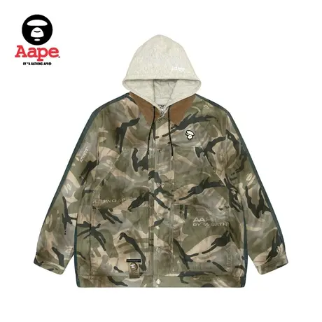 Aape男装春秋猿人徽章字母刺绣迷彩拼接牛仔连帽夹克外套7629NXL图片