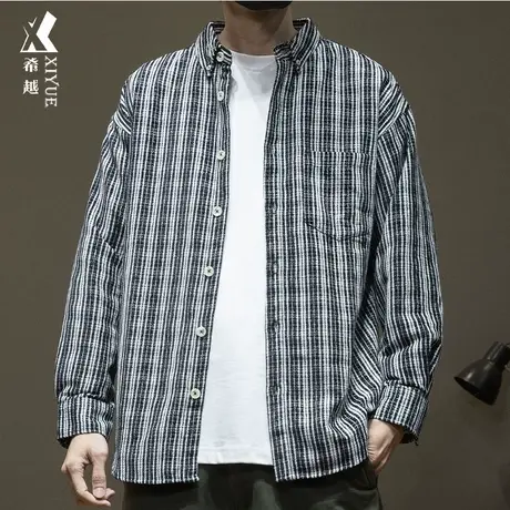 希越休闲条纹衬衫男2024春季新款宽松大码美式衬衣高级感男士外套商品大图