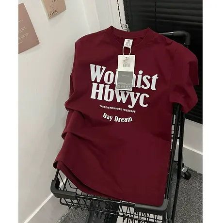 美式复古正肩纯棉短袖t恤女夏半袖潮牌ins慵懒风设计感小众上衣服图片