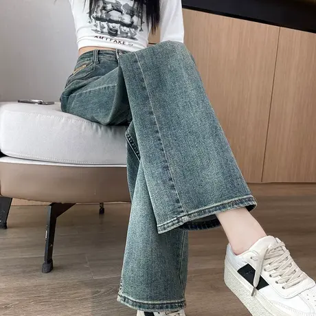 怀旧蓝阔腿牛仔裤女春秋新款高腰显瘦宽松百搭水洗窄版拖地直筒裤图片