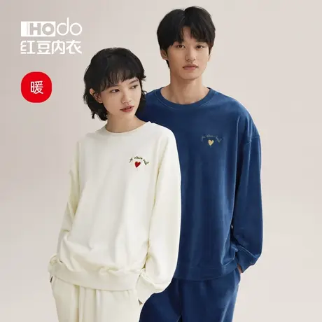 红豆情侣睡衣加厚海岛绒休闲可外穿女士套头冬季珊瑚绒男士家居服商品大图