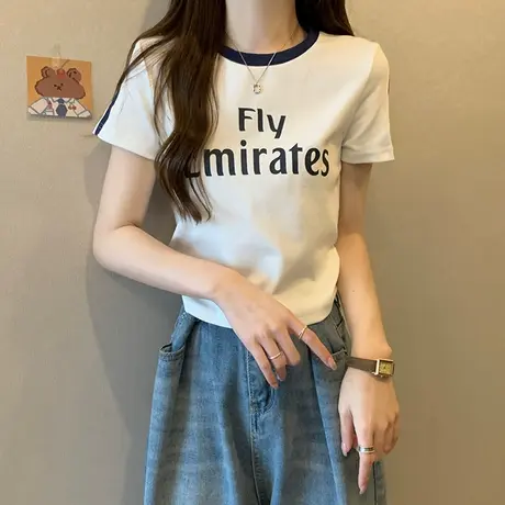 设计感字母印花短袖t恤女夏季新款修身显瘦甜辣妹正肩短款上衣ins商品大图
