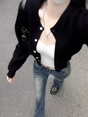 针织衫外套女2023新款秋冬黑色高级感外搭慵懒风小众别致长袖毛衣商品大图